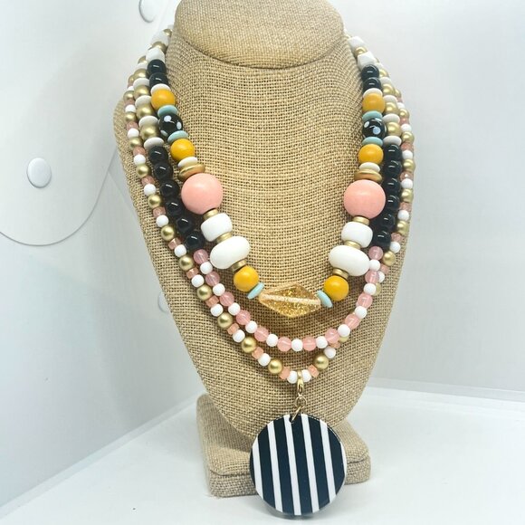 PLUNDER MULTI STRAND LAYER POP ART NECKLACE BEADS STRIPE PENDANT ORANGE PINK - Picture 4 of 16